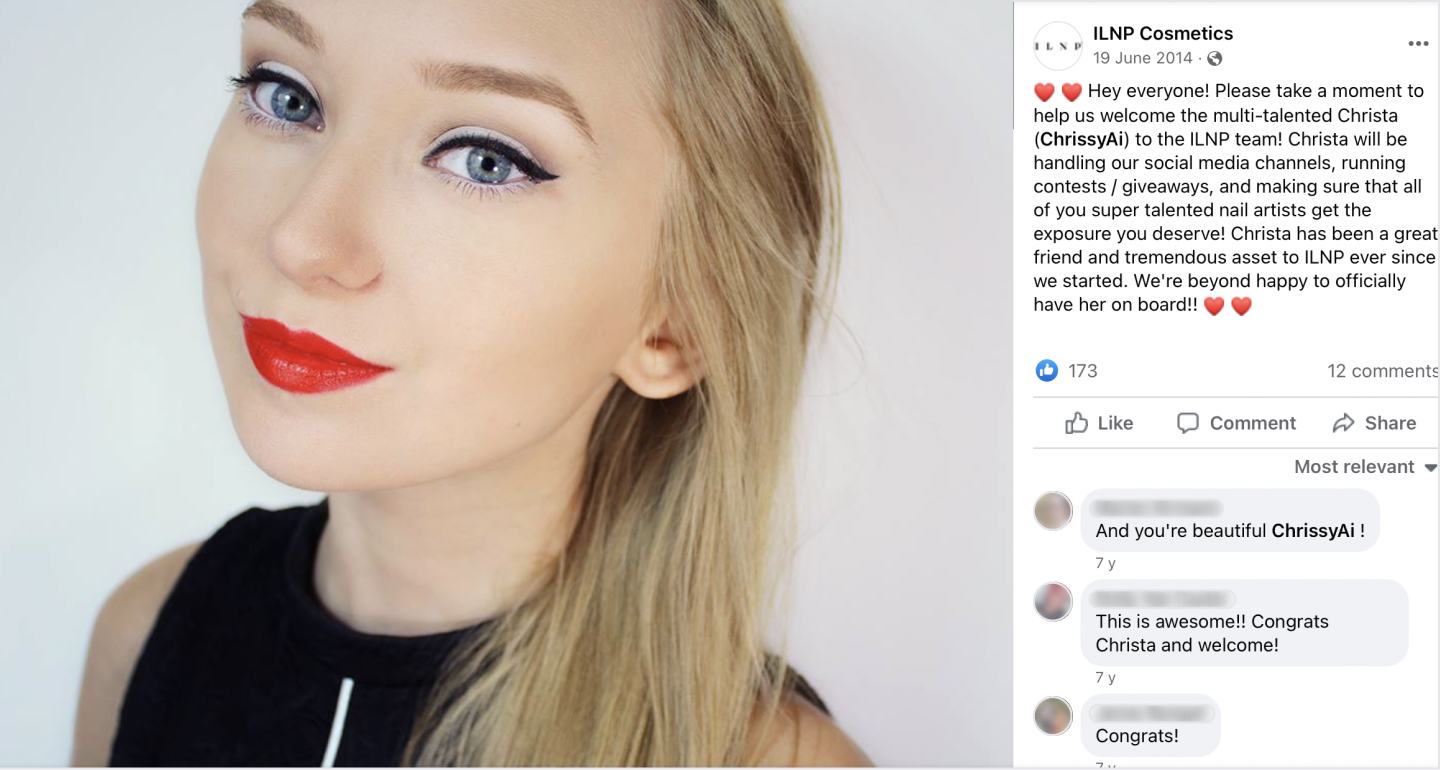 Facebook post from ILNP Cosmetics introducing Christa as a new team member