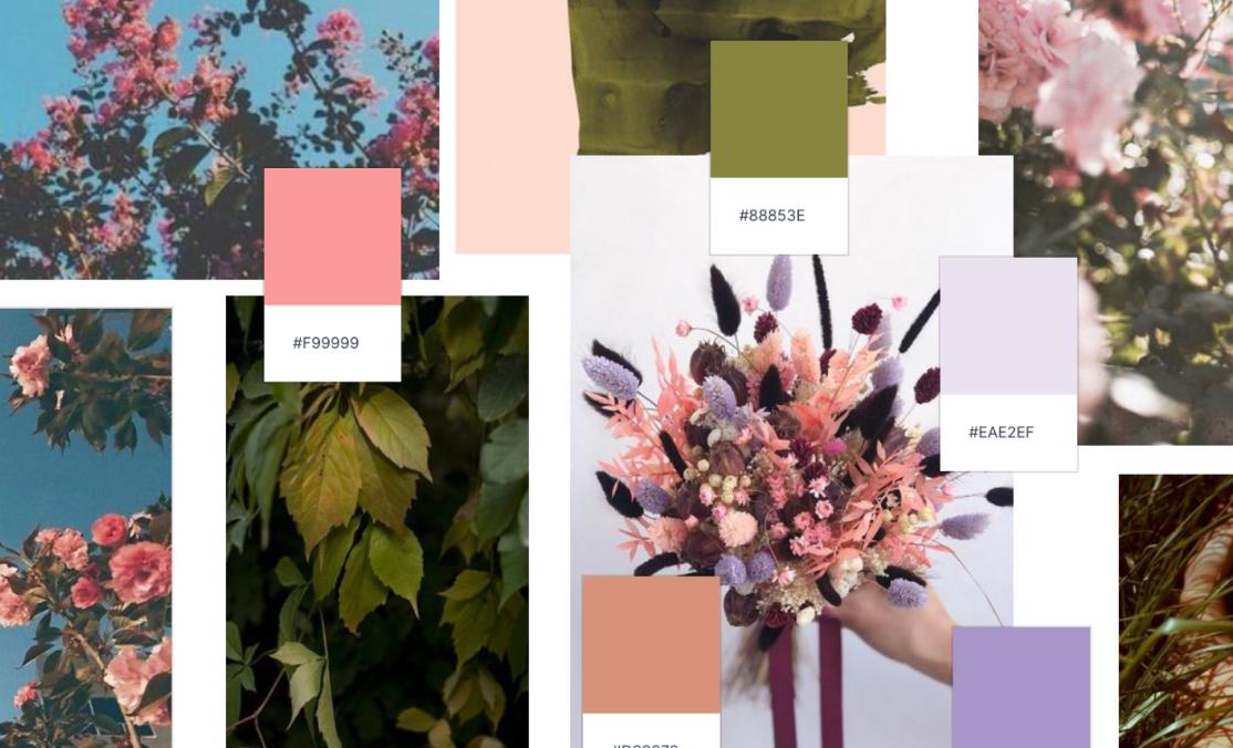 Mood board with flower photographs and color swatches in pink, peach, and lavender