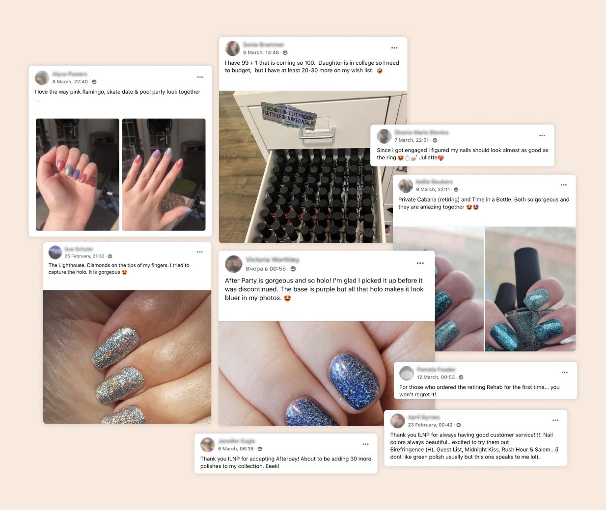 A collage of customer Facebook posts and photos of manicures done with ILNP polish